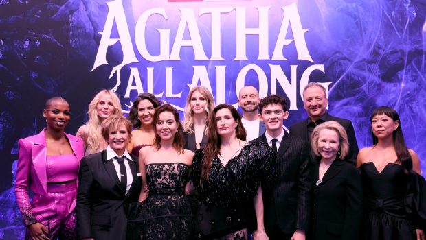 LOS ANGELES, CALIFORNIA - SEPTEMBER 16: (L-R) Sasheer Zamata, Emma Caulfield, Patti LuPone, Jac Schaeffer, Aubrey Plaza, Mary Livanos, Kathryn Hahn, Brad Winderbaum, Executive, Television, Streaming, Animation, Marvel Feature Film Production, Joe Locke, Louis D'Esposito, Co-President, Marvel Studios, Debra Jo Rupp and Ali Ahn attend the launch event for Marvel Television's Agatha All Along at El Capitan Theatre in Hollywood, California on September 16, 2024. (Photo by Rodin Eckenroth/Getty Images for Marvel)