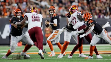  Joe Burrow #9 of the Cincinnati Bengals looks to pass against the Washington Commanders during the third quarter at Paycor Stadium on September 23, 2024 in Cincinnati, Ohio. (Photo by Andy Lyons/Getty Images)