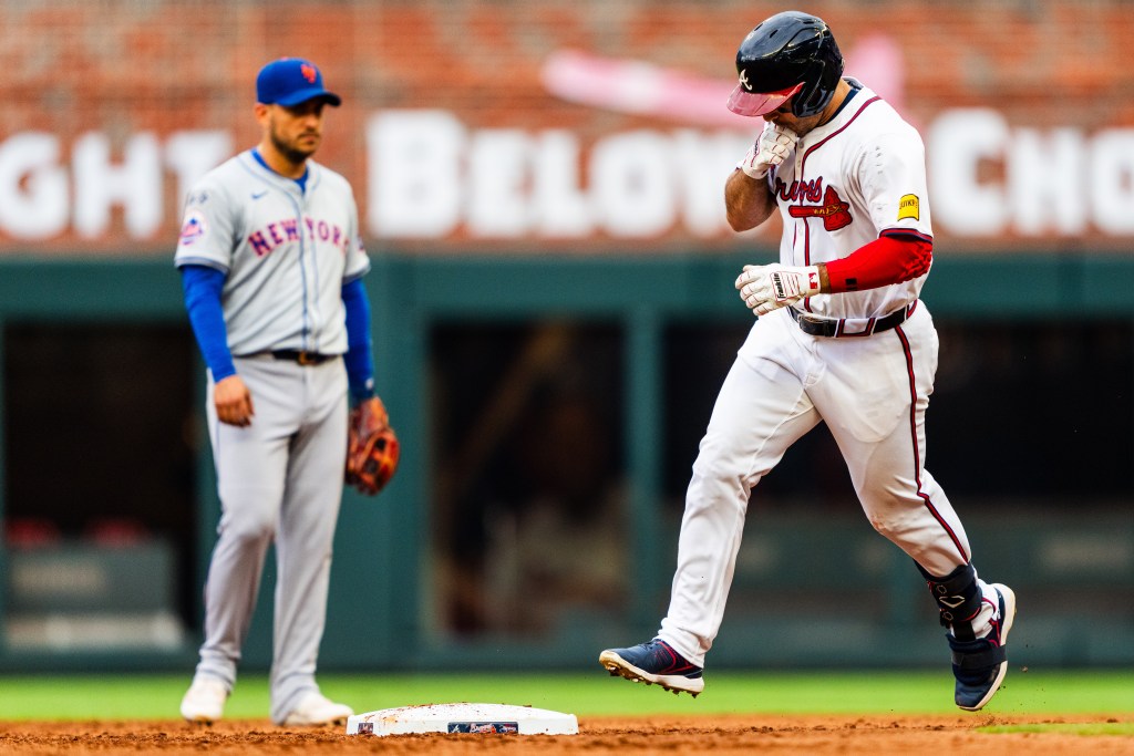 Ramón Laureano #18 of Atlanta Braves celebrates after hitting a home run in the sixth inning during game one of a double header against the New York Mets at Truist Park on September 30, 2024 in Atlanta, Georgia. (Photo by Matthew Grimes Jr./Atlanta Braves/Getty Images)