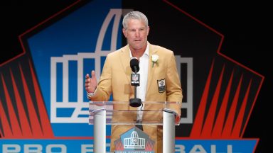  Brett Favre, former NFL quarterback, speaks during his 2016 Class Pro Football Hall of Fame induction speech during the NFL Hall of Fame Enshrinement Ceremony at the Tom Benson Hall of Fame Stadium on August 6, 2016 in Canton, Ohio. (Photo by Joe Robbins/Getty Images)