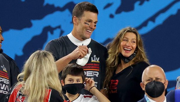 TAMPA, FLORIDA - FEBRUARY 07: Tom Brady #12 of the Tampa Bay Buccaneers celebrates with Gisele Bundchen after winning Super Bowl LV at Raymond James Stadium on February 07, 2021 in Tampa, Florida. (Photo by Kevin C. Cox/Getty Images)