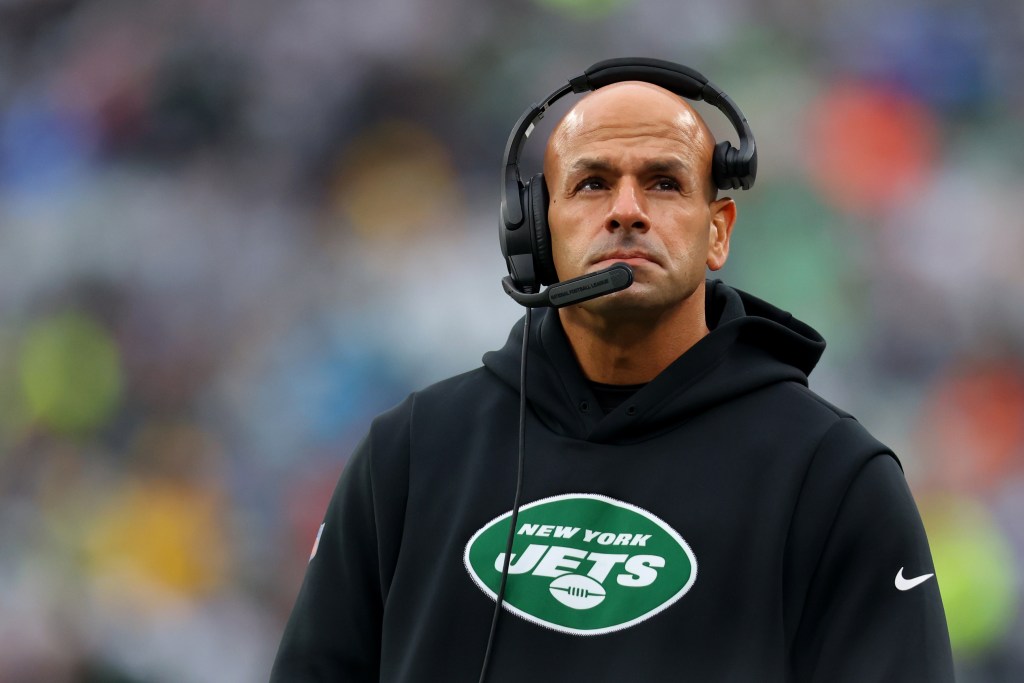 Head coach Robert Saleh of the New York Jets looks on in the first half of a game against the Chicago Bears at MetLife Stadium on November 27 2022 in East Rutherford New Jersey Photo by Mike StobeGetty Images