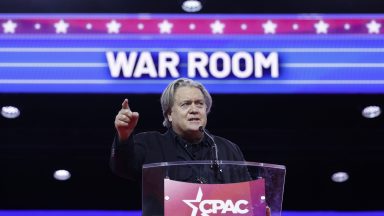  Former White House chief strategist for the Trump Administration Steve Bannon speaks during the annual Conservative Political Action Conference (CPAC) at the Gaylord National Resort Hotel And Convention Center on March 03, 2023 in National Harbor, Maryland. The annual conservative conference entered its second day of speakers including congressional members, media personalities and members of former President Donald Trump's administration. President Donald Trump will address the event on Saturday.  (Photo by Anna Moneymaker/Getty Images)