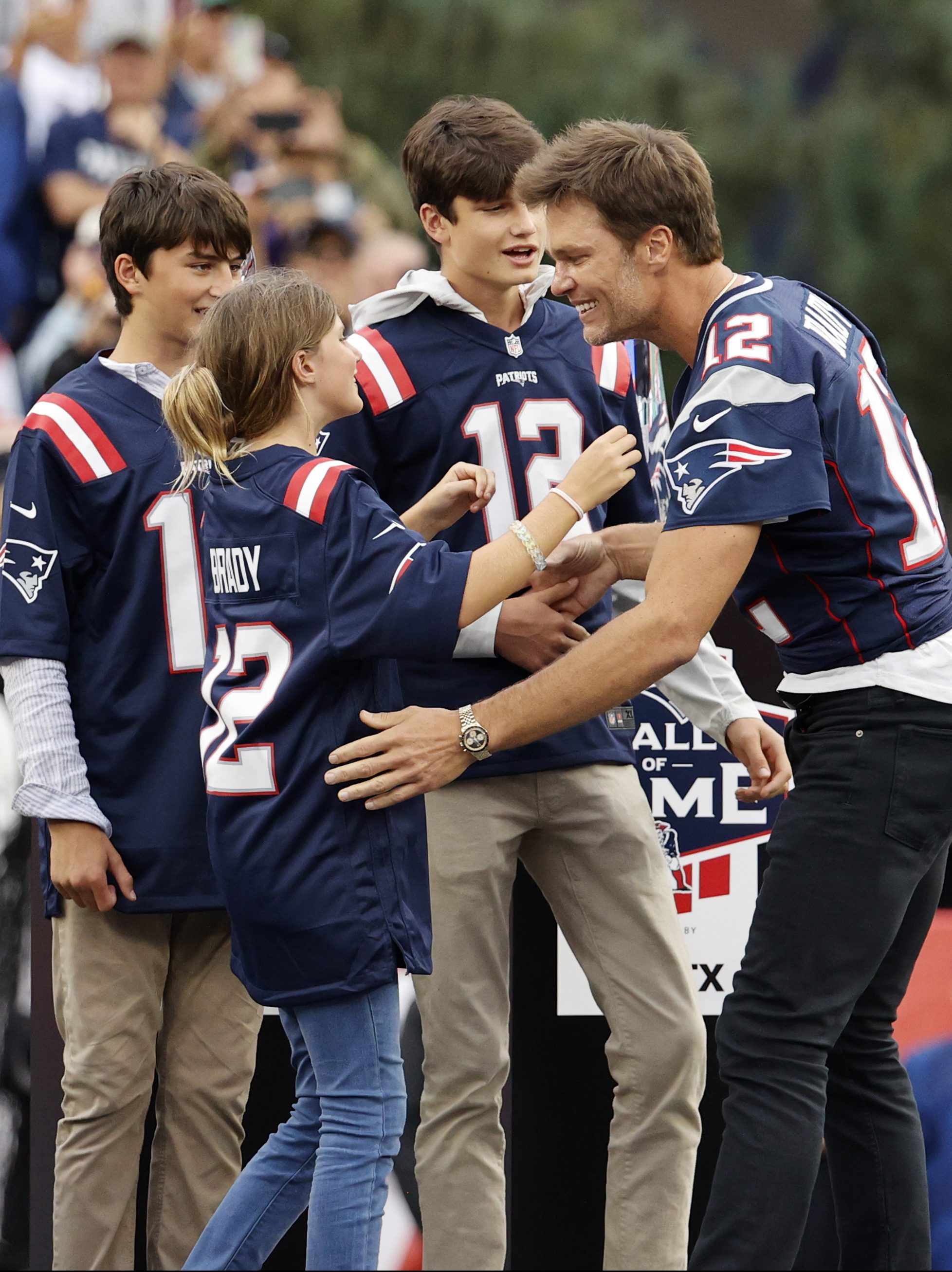 FOXBOROUGH, MA - SEPTEMBER 10: Tom Brady greets his kids during a game between the New England Patriots and the Philadelphia Eagles on September 10, 2023, at Gillette Stadium in Foxborough, Massachusetts. (Photo by Fred Kfoury III/Icon Sportswire via Getty Images)