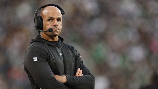 Robert Saleh of the New York Jets looks on during the first half in the game against the Philadelphia Eagles at MetLife Stadium on October 15, 2023 in East Rutherford, New Jersey. (Photo by Sarah Stier/Getty Images)