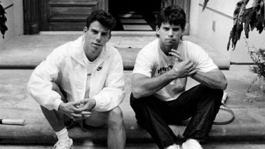 BEVERLY HILLS, CALIF. - NOV. 30, 1989 - Menendez brothers, Erik, left, and Lyle on the steps of their Beverly Hills home in November, 1989. (Ronald L. Soble / Los Angeles Times via Getty Images)