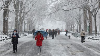 People walk through the falling snow in Central Park on February 13, 2024 in New York City. Heavy snowfall is expected over parts of the Northeast US starting late February 12, with some areas getting up to two inches (5cms) of snow an hour, the National Weather Service forecasters said. (Photo by Yuki IWAMURA / AFP) (Photo by YUKI IWAMURA/AFP via Getty Images)