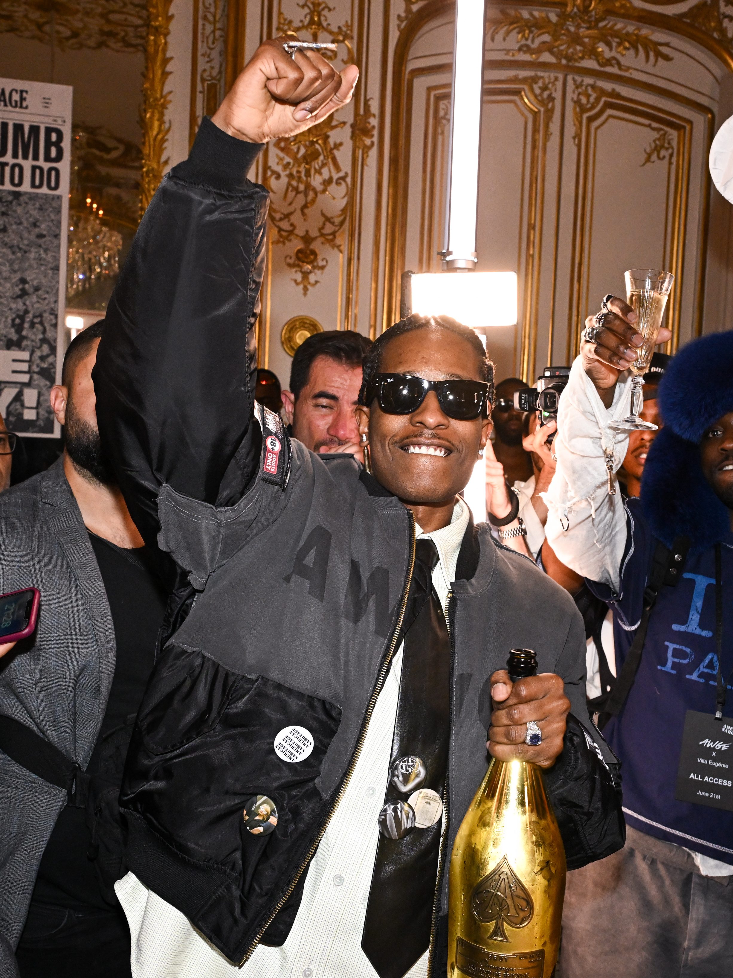 PARIS, FRANCE - JUNE 21: (EDITORIAL USE ONLY - For Non-Editorial use please seek approval from Fashion House) Asap Rocky attends the A$AP Rocky X American Sabotage by AWGE Menswear Spring/Summer 2025 show as part of Paris Fashion Week on June 21, 2024 in Paris, France. (Photo by Stephane Cardinale - Corbis/Corbis via Getty Images)