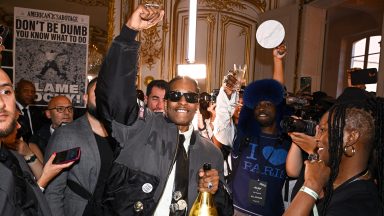 PARIS, FRANCE - JUNE 21: (EDITORIAL USE ONLY - For Non-Editorial use please seek approval from Fashion House) Asap Rocky attends the A$AP Rocky X American Sabotage by AWGE Menswear Spring/Summer 2025 show as part of Paris Fashion Week on June 21, 2024 in Paris, France. (Photo by Stephane Cardinale - Corbis/Corbis via Getty Images)