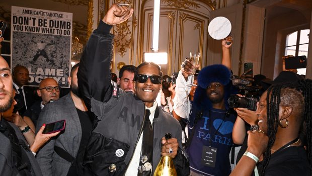 PARIS, FRANCE - JUNE 21: (EDITORIAL USE ONLY - For Non-Editorial use please seek approval from Fashion House) Asap Rocky attends the A$AP Rocky X American Sabotage by AWGE Menswear Spring/Summer 2025 show as part of Paris Fashion Week on June 21, 2024 in Paris, France. (Photo by Stephane Cardinale - Corbis/Corbis via Getty Images)