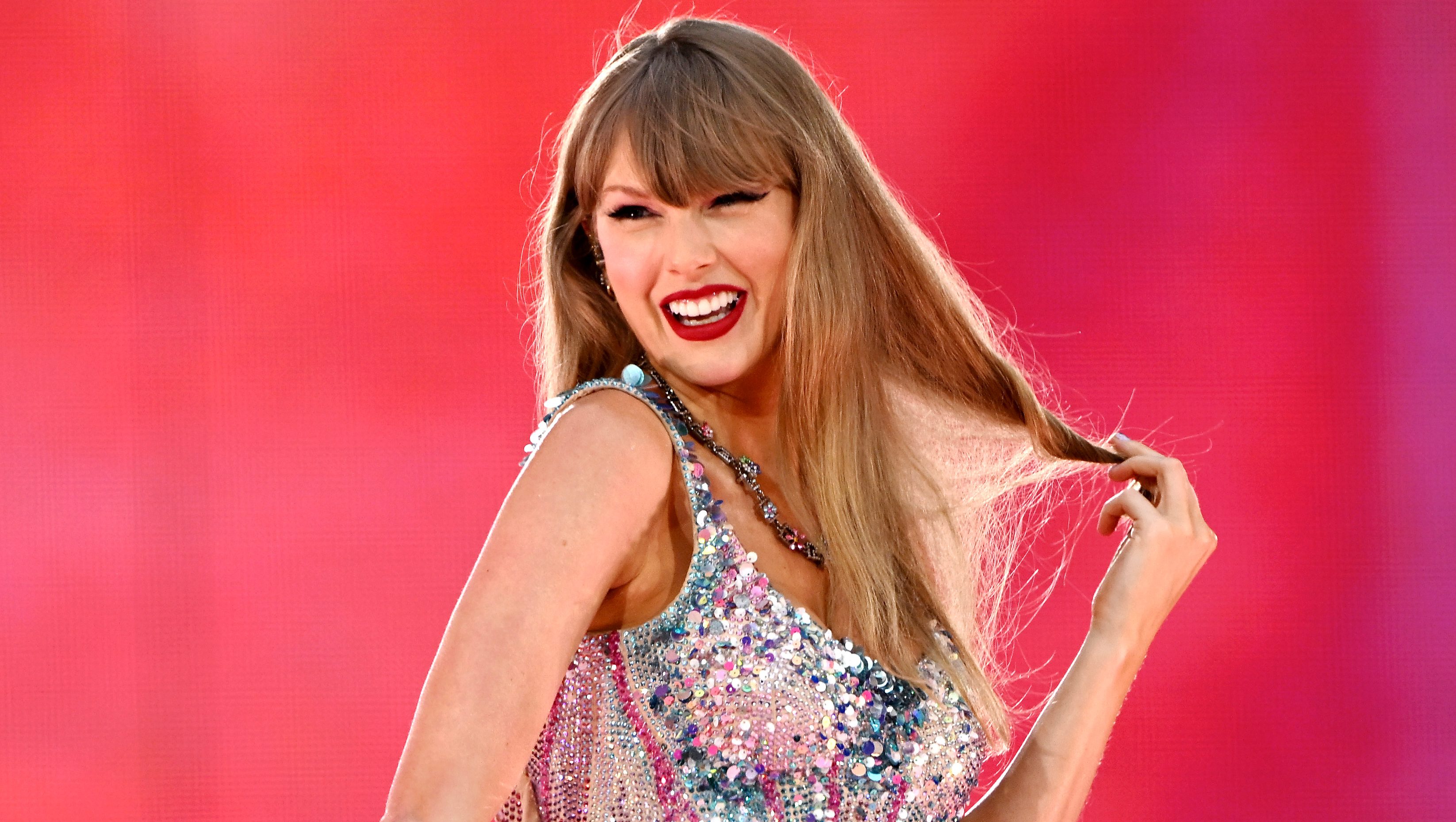 LONDON, ENGLAND - AUGUST 15: (EDITORIAL USE ONLY. NO USE ON COVERS OF PUBLICATIONS. NO BOOK USE) . Taylor Swift performs on stage during the "Taylor Swift | The Eras Tour" at Wembley Stadium on August 15, 2024 in London, England. (Photo by Kate Green/Getty Images)