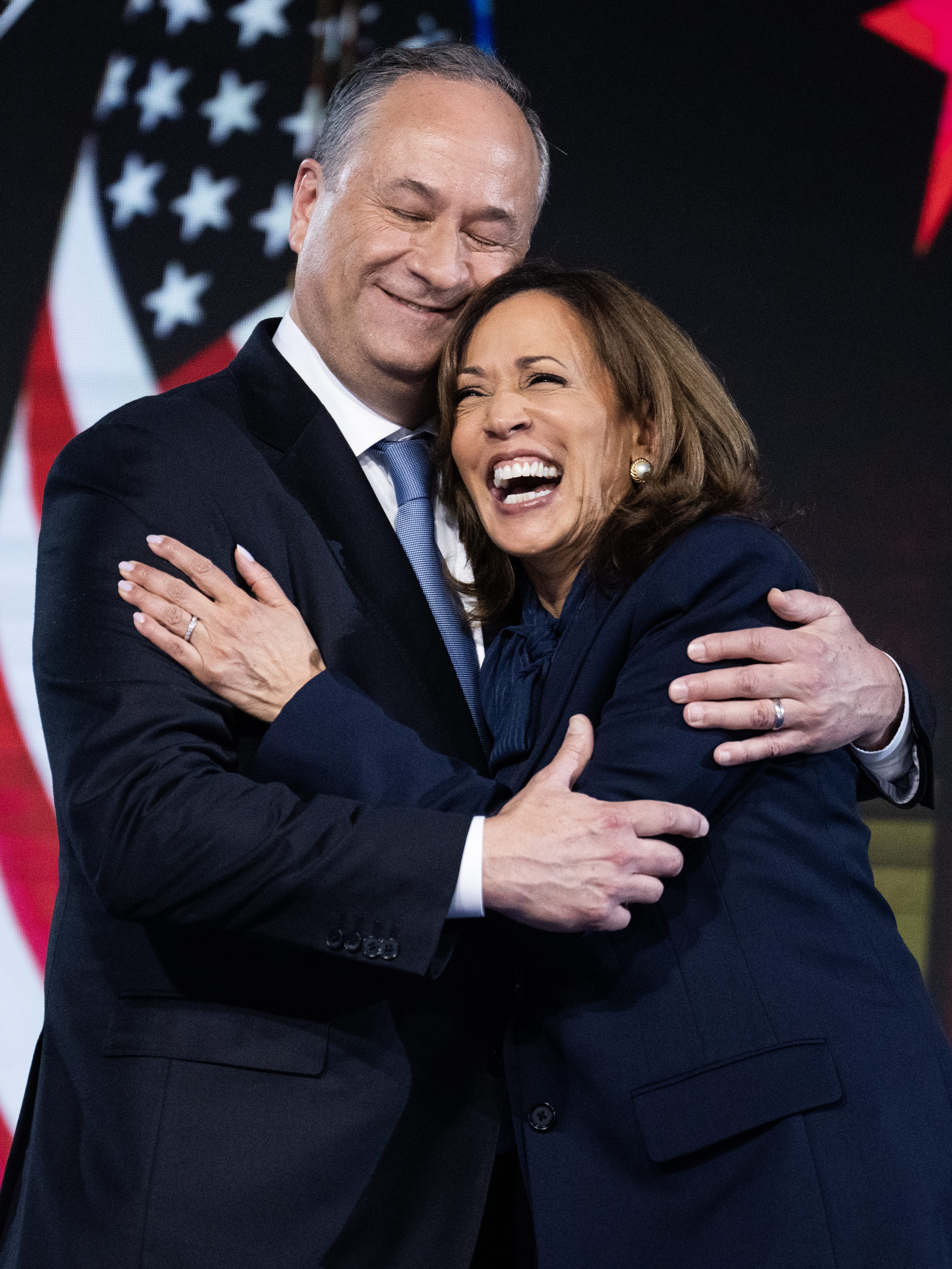 UNITED STATES - AUGUST 22: Vice President Kamala Harris, Democratic presidential nominee, and second gentleman Doug Emhoff celebrate on the final night of the Democratic National Convention at the United Center in Chicago, Ill., on Thursday, August 22, 2024. (Tom Williams/CQ-Roll Call, Inc via Getty Images)