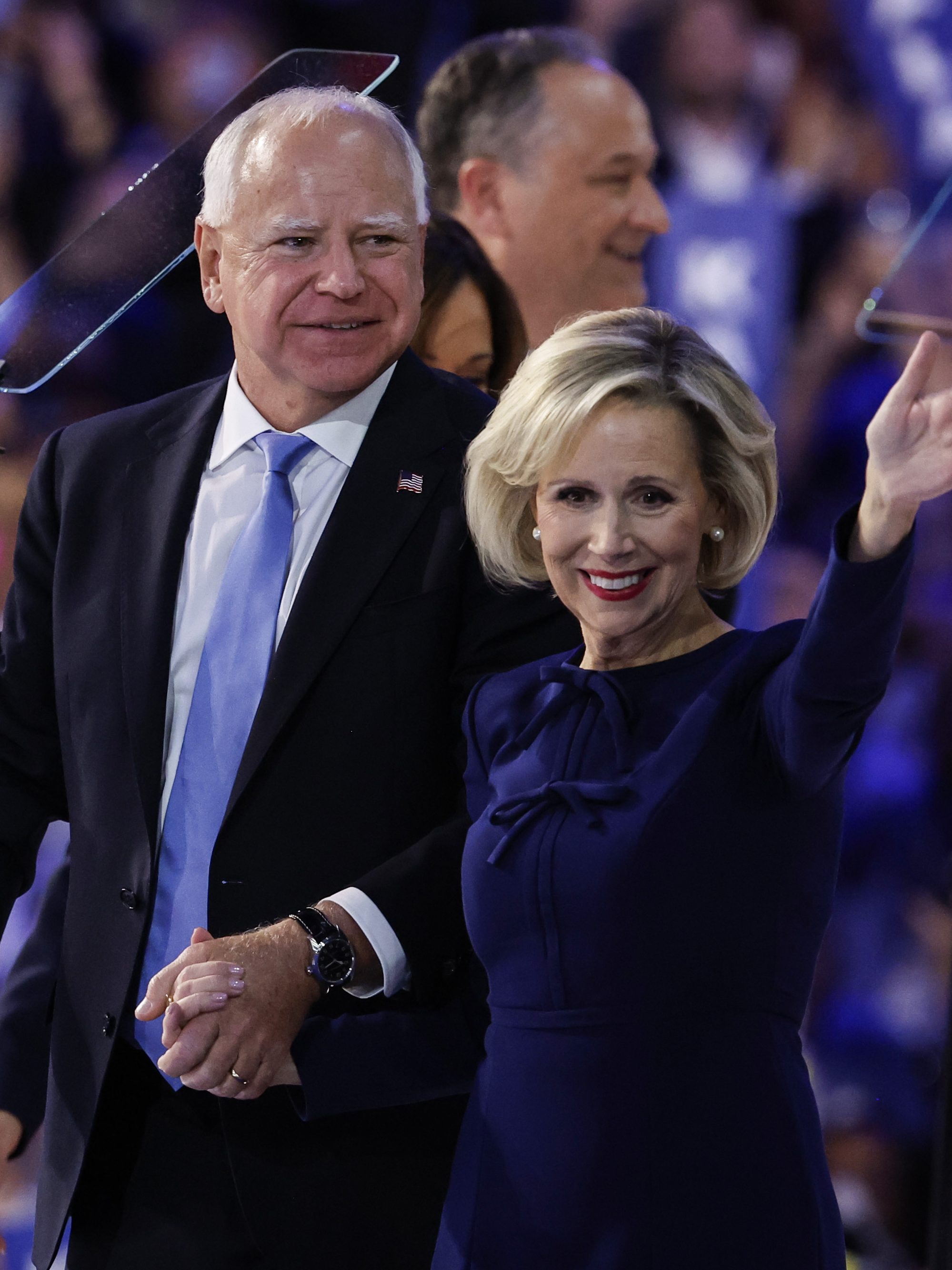 CHICAGO, ILLINOIS - AUGUST 22: Democratic vice presidential nominee Minnesota Gov. Tim Walz and Minnesota First Lady Gwen Walz celebrate during the final day of the Democratic National Convention at the United Center on August 22, 2024 in Chicago, Illinois. Delegates, politicians, and Democratic Party supporters are gathering in Chicago, as current Vice President Kamala Harris is named her party's presidential nominee. The DNC takes place from August 19-22. (Photo by Kevin Dietsch/Getty Images)