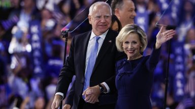  Democratic vice presidential nominee Minnesota Gov. Tim Walz and Minnesota First Lady Gwen Walz celebrate during the final day of the Democratic National Convention at the United Center on August 22, 2024 in Chicago, Illinois. Delegates, politicians, and Democratic Party supporters are gathering in Chicago, as current Vice President Kamala Harris is named her party's presidential nominee. The DNC takes place from August 19-22. (Photo by Kevin Dietsch/Getty Images)