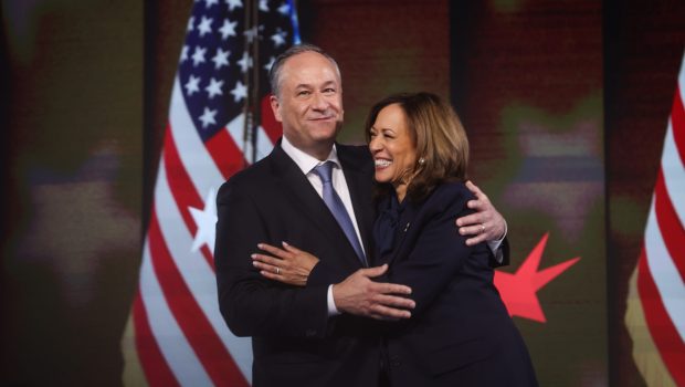 CHICAGO, ILLINOIS - AUGUST 22: Second Gentleman Doug Emhoff and Democratic presidential nominee, U.S. Vice President Kamala Harris celebrate after she accepted the Democratic presidential nomination during the final day of the Democratic National Convention at the United Center on August 22, 2024 in Chicago, Illinois. Delegates, politicians, and Democratic Party supporters are gathering in Chicago, as current Vice President Kamala Harris is named her party's presidential nominee. The DNC takes place from August 19-22. (Photo by Justin Sullivan/Getty Images)