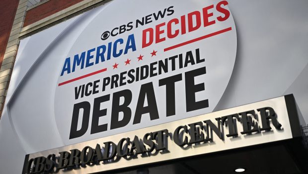 Signage is displayed outside the CBS Broadcast Center ahead of the US vice presidential debate on September 30, 2024 in New York City. US vice presidential candidates J.D. Vance and Tim Walz will face off Tuesday in a debate that promises to be a feisty battle to win over voters in middle America, who could decide the cliffhanger 2024 election. (Photo by ANGELA WEISS / AFP) (Photo by ANGELA WEISS/AFP via Getty Images)