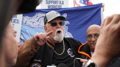 Harold J. Daggett, president of the International Longshoremen's Association speaks as dockworkers at the Maher Terminals in Port Newark are on strike on October 1, 2024 in New Jersey. Officials at 14 ports along the US East and Gulf Coasts were making last-minute preparations on September 30 for a likely labor strike that could drag on the US economy just ahead of a presidential election -- despite last-minute talks. (Photo by Bryan R. SMITH / AFP) (Photo by BRYAN R. SMITH/AFP via Getty Images)