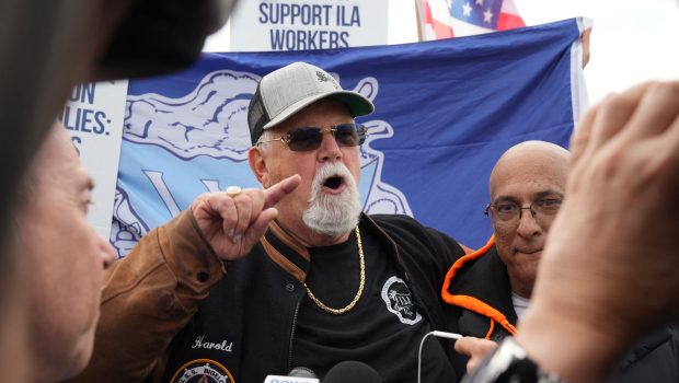 Harold J. Daggett, president of the International Longshoremen's Association speaks as dockworkers at the Maher Terminals in Port Newark are on strike on October 1, 2024 in New Jersey. Officials at 14 ports along the US East and Gulf Coasts were making last-minute preparations on September 30 for a likely labor strike that could drag on the US economy just ahead of a presidential election -- despite last-minute talks. (Photo by Bryan R. SMITH / AFP) (Photo by BRYAN R. SMITH/AFP via Getty Images)