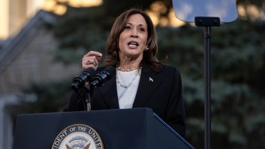 \Kamala Harris speaks during a rally at Ripon College on October 3, 2024 in Ripon, Wisconsin. The rally comes a day after Harris visited Georgia to assess the aftermath of Hurricane Helene. (Photo by Jim Vondruska/Getty Images)