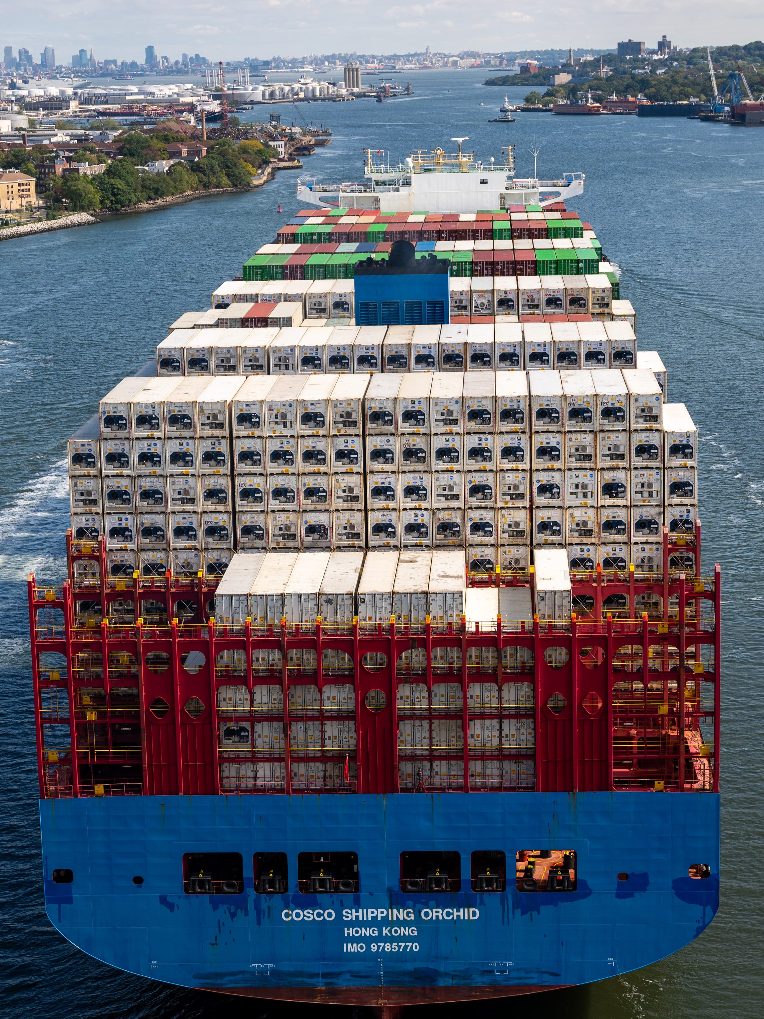 A container ship departs the Port of Newark for the Atlantic Ocean on September 30, 2024 seen from New York City. A massive strike that could shut down ports across the East and Gulf coasts could begin at midnight as members of the International Longshoremen’s Association continue to make salary and other demands to the United States Maritime Alliance, which controls many of the ports across the country. (Photo by Spencer Platt/Getty Images)