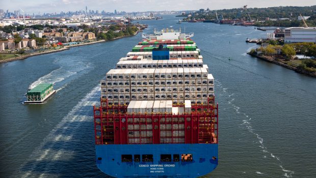 NEW YORK, NEW YORK - SEPTEMBER 30: A container ship departs the Port of Newark for the Atlantic Ocean on September 30, 2024 seen from New York City. A massive strike that could shut down ports across the East and Gulf coasts could begin at midnight as members of the International Longshoremen’s Association continue to make salary and other demands to the United States Maritime Alliance, which controls many of the ports across the country. (Photo by Spencer Platt/Getty Images)