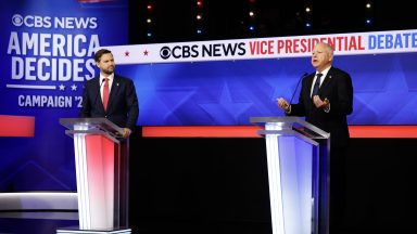  Republican vice presidential candidate, Sen. JD Vance (R-OH), and Democratic vice presidential candidate, Minnesota Gov. Tim Walz, participate in a debate at the CBS Broadcast Center on October 1, 2024 in New York City. This is expected to be the only vice presidential debate of the 2024 general election. (Photo by Chip Somodevilla/Getty Images)