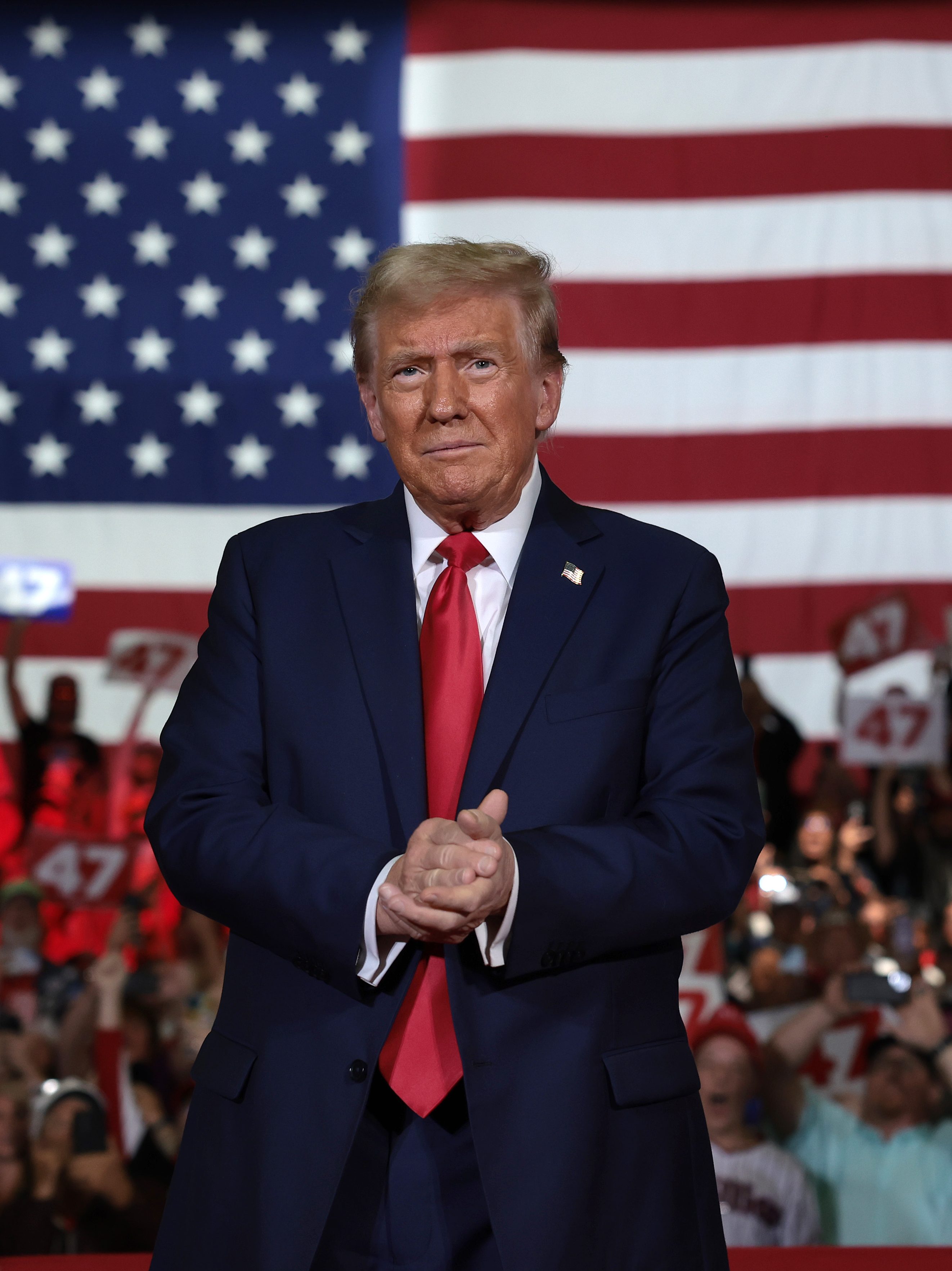 LANCASTER, PENNSYLVANIA - OCTOBER 20: Republican presidential nominee, former U.S. President Donald Trump, speaks during a town hall campaign event at the Lancaster County Convention Center on October 20, 2024 in Lancaster, Pennsylvania. Trump is campaigning the entire day in the state of Pennsylvania. Trump and Democratic presidential nominee Vice President Kamala Harris continue to campaign in battleground swing states ahead of the November 5 election. (Photo by Win McNamee/Getty Images)