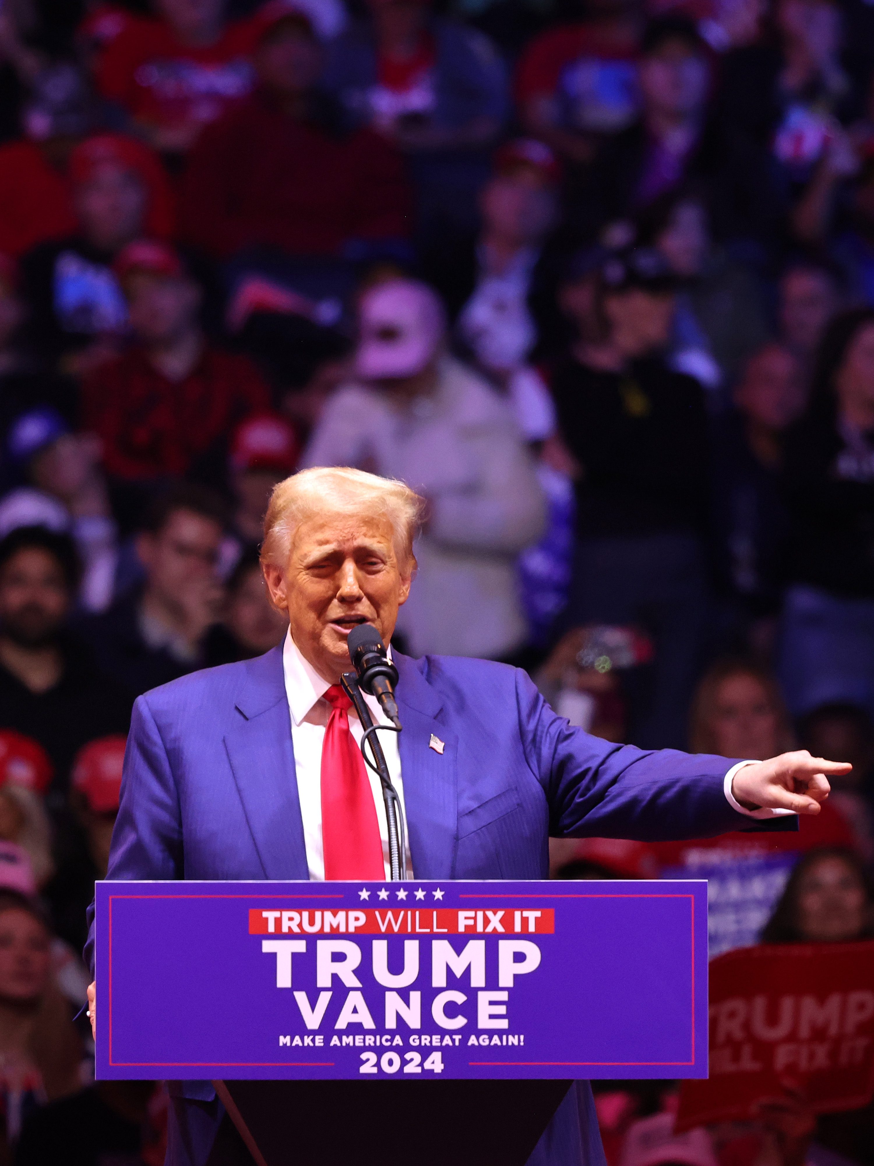 NEW YORK, NEW YORK - OCTOBER 27: Republican presidential nominee, former U.S. President Donald Trump speaks at a campaign rally at Madison Square Garden on October 27, 2024 in New York City. Trump closed out his weekend of campaigning in New York City with a guest list of speakers that includes his running mate Republican Vice Presidential nominee, U.S. Sen. J.D. Vance (R-OH), Tesla CEO Elon Musk, UFC CEO Dana White, and House Speaker Mike Johnson, among others, nine days before Election Day.  (Photo by Michael M. Santiago/Getty Images)