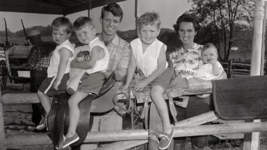 (Original Caption) Robert Kennedy, now a Senate Committee investigator, is shown with his wife, Ethel, and four of their five children. The children, from left, are: David Anthony, 1 1/2; Robert Francis, 3; Joseph Pat, 4 and Mary Courtney, 7 months. Kathleen, 5, is not shown in the photo which was taken at Kennedy's McLean, Virginia home.