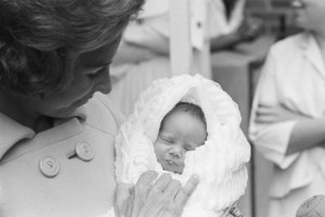 (Original Caption) 4/13/1967-Washington, DC- Douglas Harriman Kennedy, 10th child born to Senator and Mrs. Robert F. Kennedy, sleeps through his first session with news photographers today. Picture was made as he left the hospital where he was born one month prematurely on March 24. The infant weighed five pounds, four ounces at birth, and was named after Douglas Dillon, former Secretary of the Treasury and Ambassador Averell Harriman.