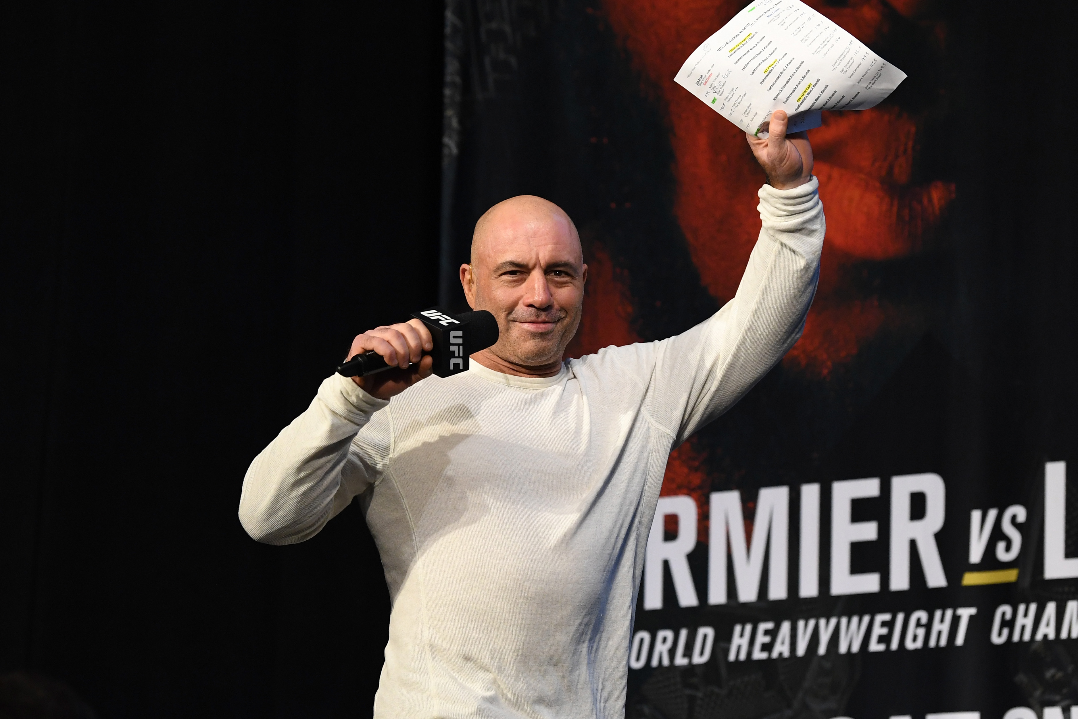   Joe Rogan walks onto the stage during the UFC 230 weigh-in inside Hulu Theater at Madison Square Garden on November 2, 2018 in New York, New York. (Photo by Jeff Bottari/Zuffa LLC/Zuffa LLC via Getty Images)