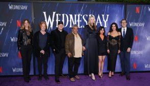 Jennifer Malone, Danny Elfman, Alfred Gough, Luis Guzmán, Gwendoline Christie, Jenna Ortega, Catherine Zeta-Jones, and Miles Millar at the photo call for "Wednesday" held at Hollywood Forever Cemetery on April 29, 2023 in Los Angeles, California. (Photo by Mark Von Holden/Variety via Getty Images)