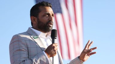 MINDEN, NEVADA - OCTOBER 08: Former Chief of Staff to the Department of Defense Kash Patel speaks during a campaign rally at Minden-Tahoe Airport on October 08, 2022 in Minden, Nevada. Former U.S. President Donald Trump held a campaign style rally for Nevada GOP candidates ahead of the state's midterm election on November 8th.  (Photo by Justin Sullivan/Getty Images)