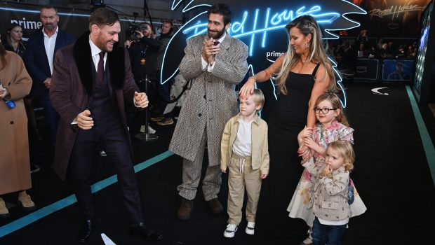 LONDON, ENGLAND - MARCH 14: (L to R) Conor McGregor, Jake Gyllenhaal, Dee Devlin and children Conor McGregor Jr, Croia McGregor and Rian McGregor attend the "Road House" UK Special Screening at The Curzon Mayfair on March 14, 2024 in London, England. (Photo by Dave Benett/WireImage)