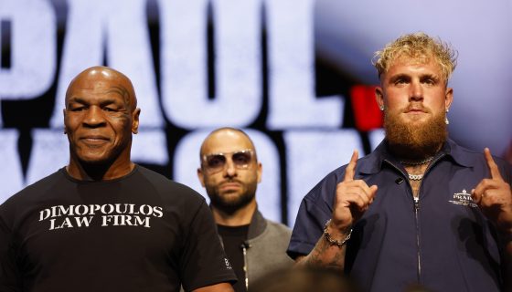 NEW YORK, NEW YORK - MAY 13: (L-R) Mike Tyson and Jake Paul speak onstage at the press conference in promotion for the upcoming Jake Paul vs. Mike Tyson boxing match at The Apollo Theater on May 13, 2024 in New York City. (Photo by Sarah Stier/Getty Images for Netflix)