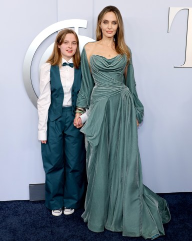 NEW YORK, NEW YORK - JUNE 16: (L-R) Vivienne Jolie-Pittand Angelina Jolie attend the 77th Annual Tony Awards at David H. Koch Theater at Lincoln Center on June 16, 2024 in New York City. (Photo by Dia Dipasupil/Getty Images)