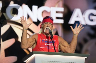 MILWAUKEE, WISCONSIN - JULY 18: Hulk Hogan, former professional wrestler, speaks during the Republican National Convention (RNC) at the Fiserv Forum in Milwaukee, Wisconsin, US, on Thursday, July 18, 2024. (Photo by Jacek Boczarski/Anadolu via Getty Images)