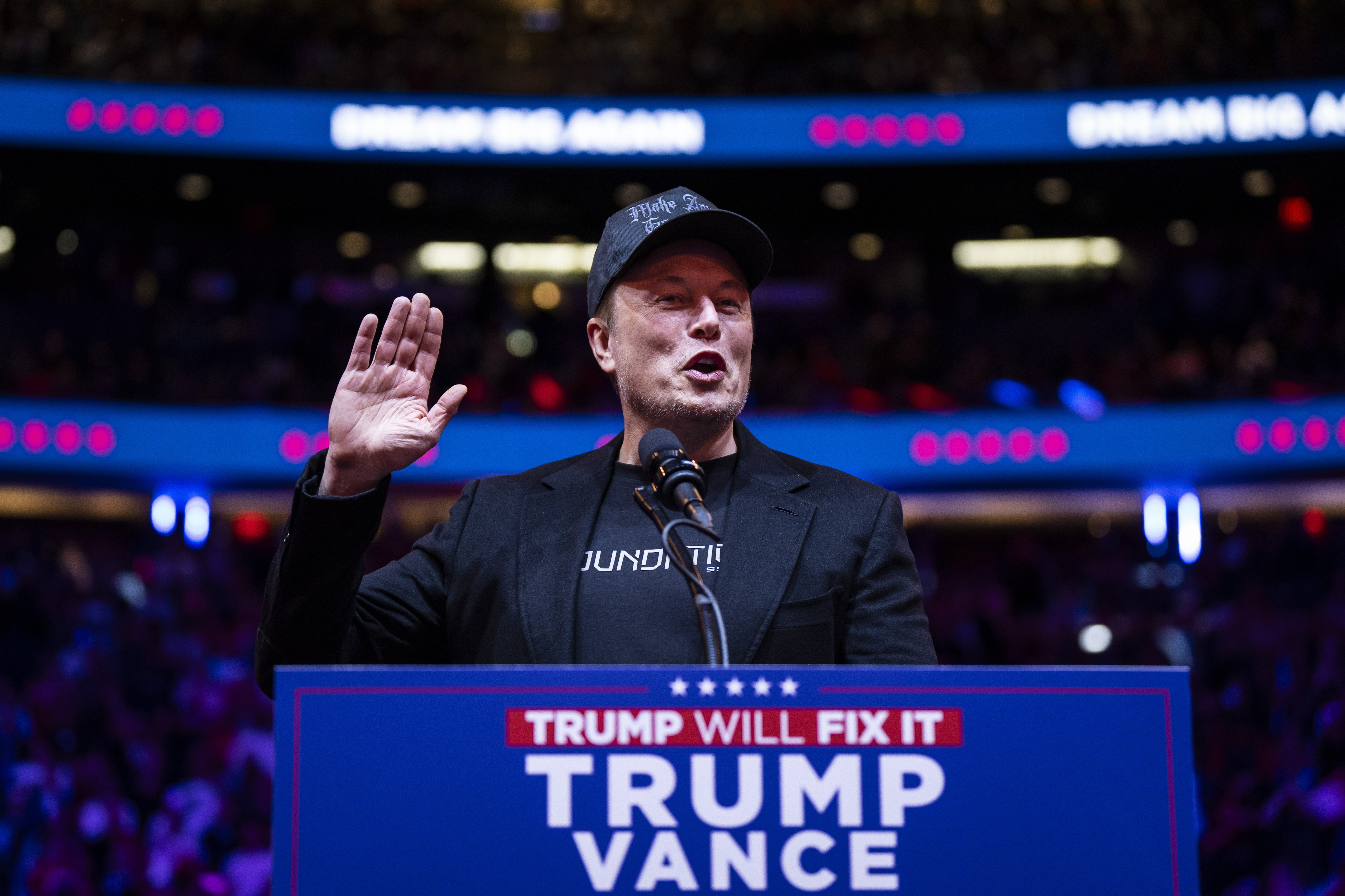  Elon Musk speaks before Republican presidential nominee former President Donald Trump at a campaign rally at Madison Square Garden in New York, NY on Sunday, Oct. 27, 2024. (Photo by Jabin Botsford/The Washington Post via Getty Images)