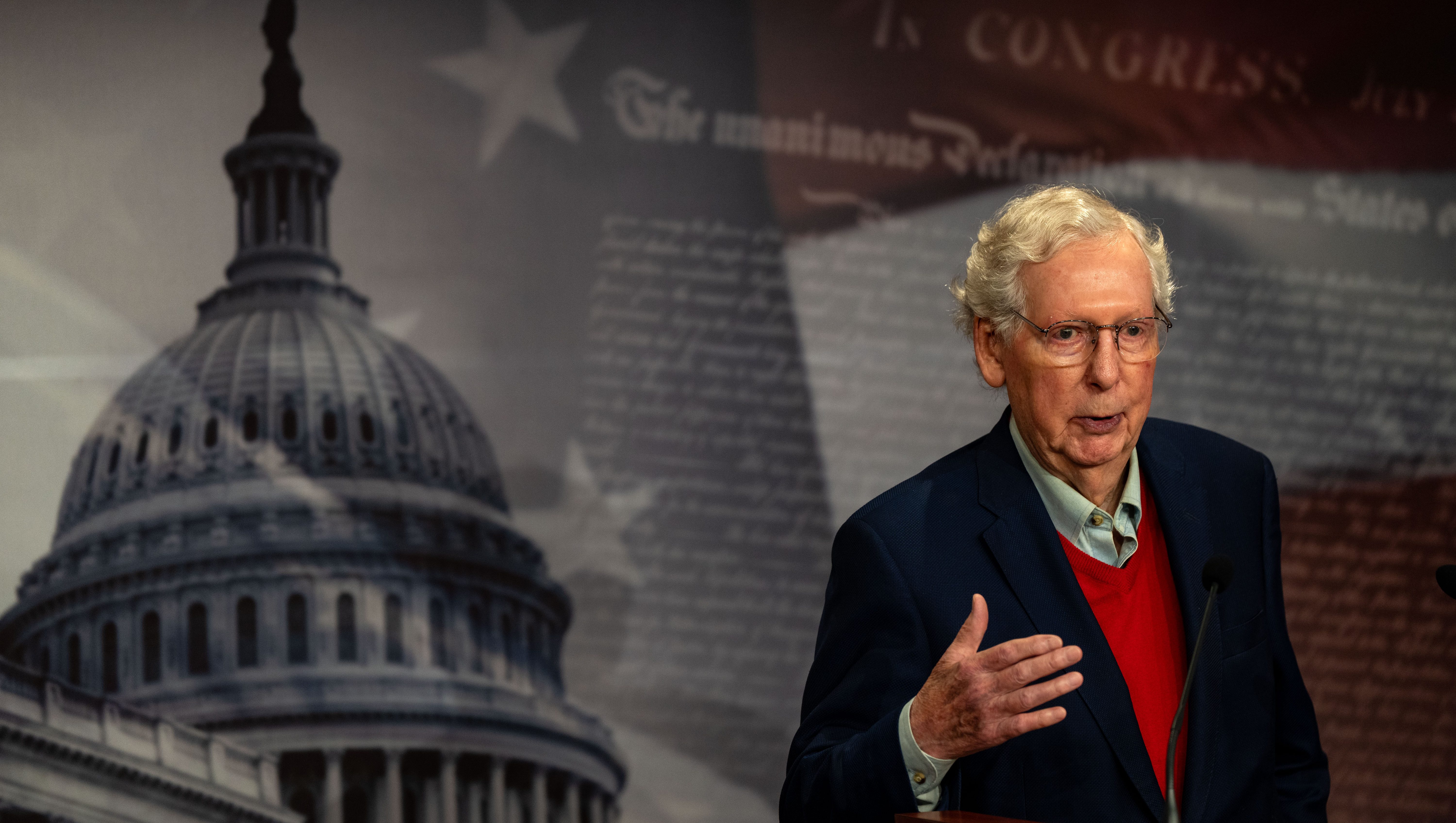 WASHINGTON, DC - NOVEMBER 06:  Sen. Mitch McConnell (R-KY) speaks during a news conference at the U.S. Capitol on November 06, 2024 in Washington, DC. McConnell, who has served as a Senator from Kentucky since 1985 and is the longest serving senator in his state's history, spoke about the Republican Party taking the Senate majority and his plans for the upcoming congress. (Kent Nishimura/Getty Images)