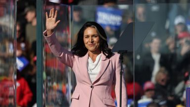  Former Rep. Tulsi Gabbard (R-HI) takes the stage during a Republican presidential nominee, former U.S. President Donald Trump campaign rally at Lancaster Airport on November 03, 2024 in Lititz, Pennsylvania. Trump begins his day campaigning in battleground state of Pennsylvania, where 19 electoral votes up for grabs, where a recent New York Times and Siena College polls show a tie with Democratic presidential nominee, U.S. Vice President Kamala Harris. Trump will head to North Carolina and Georgia where Harris continues to lead in the polls.  (Photo by Michael M. Santiago/Getty Images)