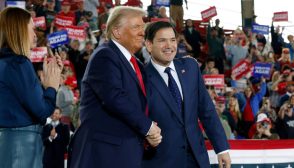 RALEIGH, NORTH CAROLINA - NOVEMBER 04:  Republican presidential nominee, former U.S. President Donald Trump appears stage with U.S. Sen. Marco Rubio (R-FL) (R) and Arkansas Gov. Sarah Huckabee Sanders during a campaign rally at the J.S. Dorton Arena on November 04, 2024 in Raleigh, North Carolina. With one day left before the general election, Trump is campaigning for re-election in the battleground states of North Carolina, Pennsylvania and Michigan.  (Photo by Chip Somodevilla/Getty Images)