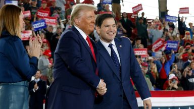   Republican presidential nominee, former U.S. President Donald Trump appears stage with U.S. Sen. Marco Rubio (R-FL) (R) and Arkansas Gov. Sarah Huckabee Sanders during a campaign rally at the J.S. Dorton Arena on November 04, 2024 in Raleigh, North Carolina. With one day left before the general election, Trump is campaigning for re-election in the battleground states of North Carolina, Pennsylvania and Michigan.  (Photo by Chip Somodevilla/Getty Images)