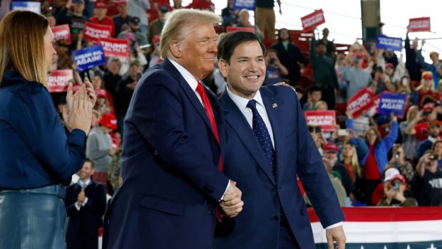 RALEIGH, NORTH CAROLINA - NOVEMBER 04:  Republican presidential nominee, former U.S. President Donald Trump appears stage with U.S. Sen. Marco Rubio (R-FL) (R) and Arkansas Gov. Sarah Huckabee Sanders during a campaign rally at the J.S. Dorton Arena on November 04, 2024 in Raleigh, North Carolina. With one day left before the general election, Trump is campaigning for re-election in the battleground states of North Carolina, Pennsylvania and Michigan.  (Photo by Chip Somodevilla/Getty Images)