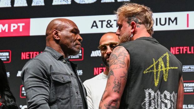 IRVING, TEXAS - NOVEMBER 13: Mike Tyson and Jake Paul pose at a press conference at the Toyota Music Factory in Irving, Texas on November 13, 2024 for their heavyweight world titles of the Premiere Boxing Championship which will be on November 15 Friday night at AT&T Stadium in Arlington, Texas, United States. (Photo by Tayfun Coskun/Anadolu via Getty Images)