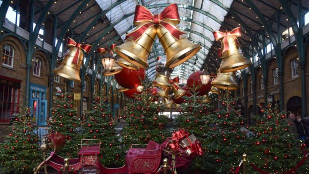 LONDON, UNITED KINGDOM - 2024/11/25: Christmas decorations, trees and Santa's sleigh at Covent Garden Market. (Photo by Vuk Valcic/SOPA Images/LightRocket via Getty Images)