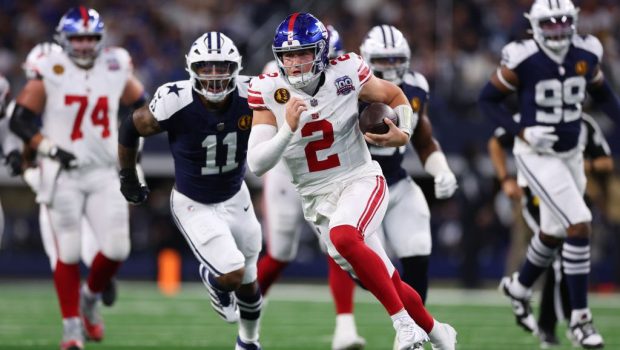 ARLINGTON, TEXAS - NOVEMBER 28: Drew Lock #2 of the New York Giants runs the ball during the first quarter against the Dallas Cowboys at AT&T Stadium on November 28, 2024 in Arlington, Texas. (Photo by Sam Hodde/Getty Images)