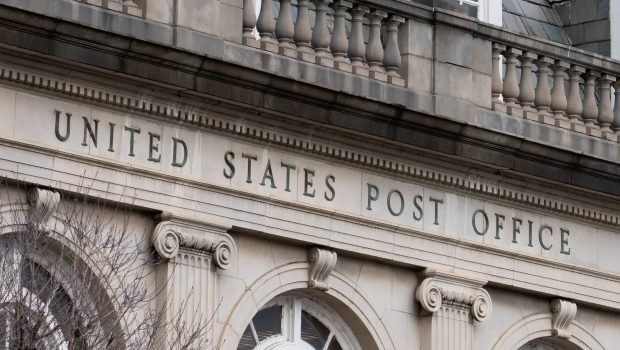 The post office in Rogersville, Tennessee is a classic granite building