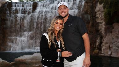  Josh Allen and Brittany Williams pose during Capital One's The Match VI - Brady & Rodgers v Allen & Mahomes at Wynn Golf Club on June 01, 2022 in Las Vegas, Nevada. (Photo by Carmen Mandato/Getty Images for The Match)