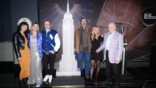 NEW YORK, NEW YORK - OCTOBER 18: (L-R) Marisa Ramirez, Abigail Hawk, Donnie Wahlberg, Tom Selleck, Vanessa Ray and  Len Cariou light the Empire State Building in partnership with CBS and DEA Widows' and Children's Fund in celebration of the final season of "Blue Bloods" at The Empire State Building on October 18, 2024 in New York City. (Photo by John Nacion/Getty Images for Empire State Realty Trust)