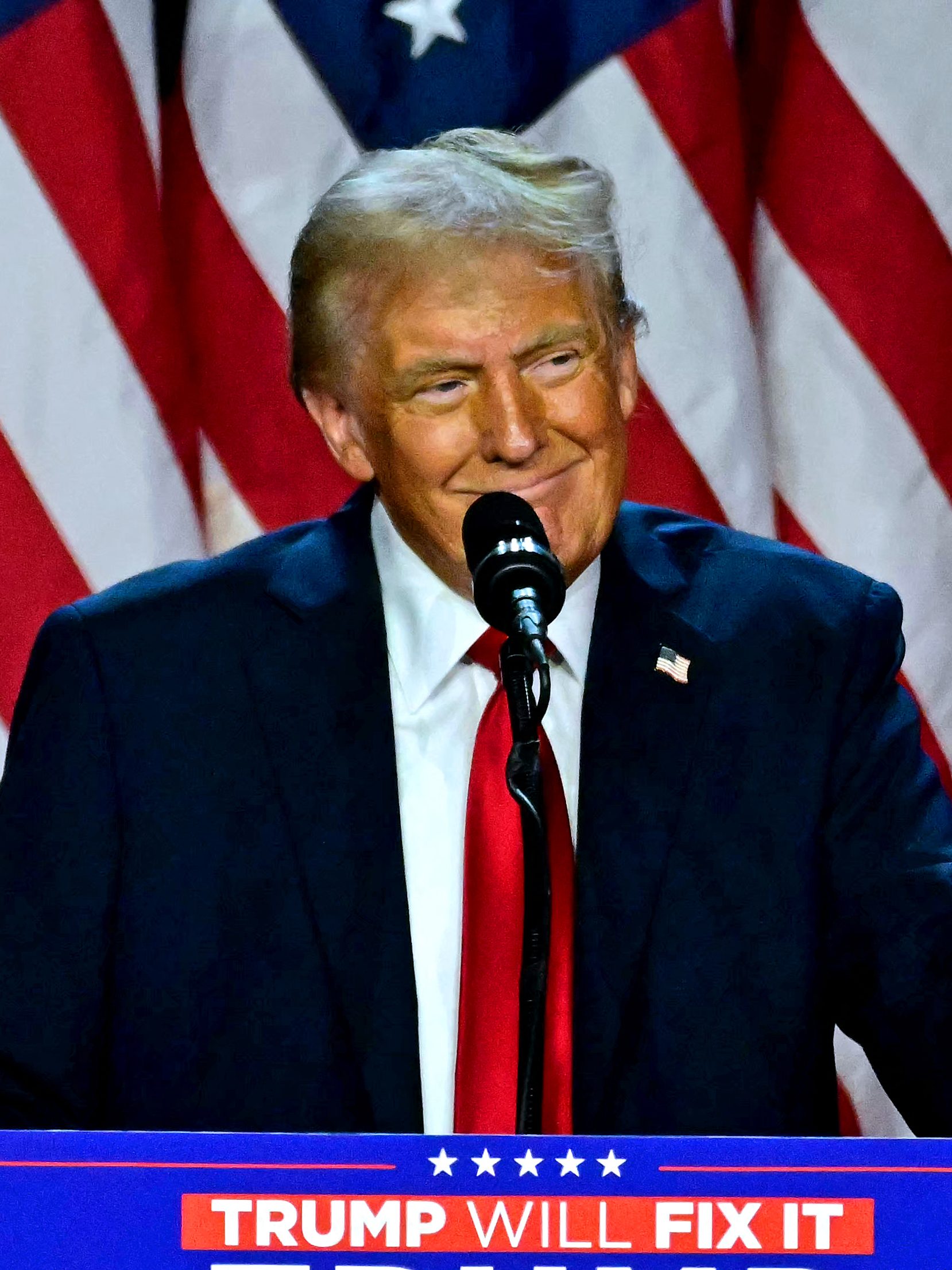 TOPSHOT - Former US President and Republican presidential candidate Donald Trump speaks during an election night event at the West Palm Beach Convention Center in West Palm Beach, Florida, on November 6, 2024. Republican former president Donald Trump closed in on a new term in the White House early November 6, 2024, just needing a handful of electoral votes to defeat Democratic Vice President Kamala Harris. (Photo by Jim WATSON / AFP) (Photo by JIM WATSON/AFP via Getty Images)